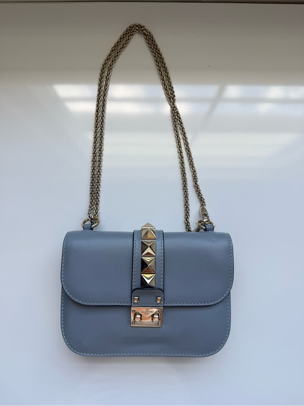 Valentino Blue Leather Crossbody with Gold Pyramid Studs